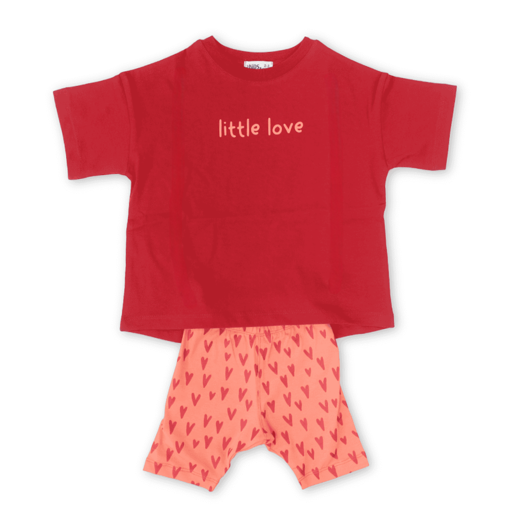 Girls Cotton Short-Sleeve Pajama – Red with "Little Love" Print - Clothing - Ourkids