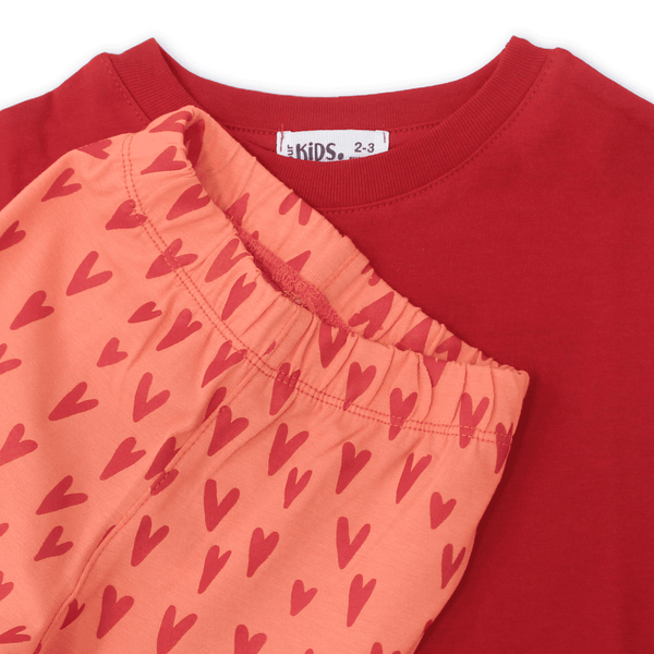 Girls Cotton Short-Sleeve Pajama – Red with "Little Love" Print