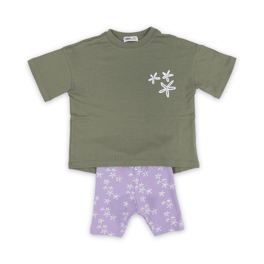 Girls Cotton Short-Sleeve Pajama – Olive with Flowers Print - Clothing - Ourkids