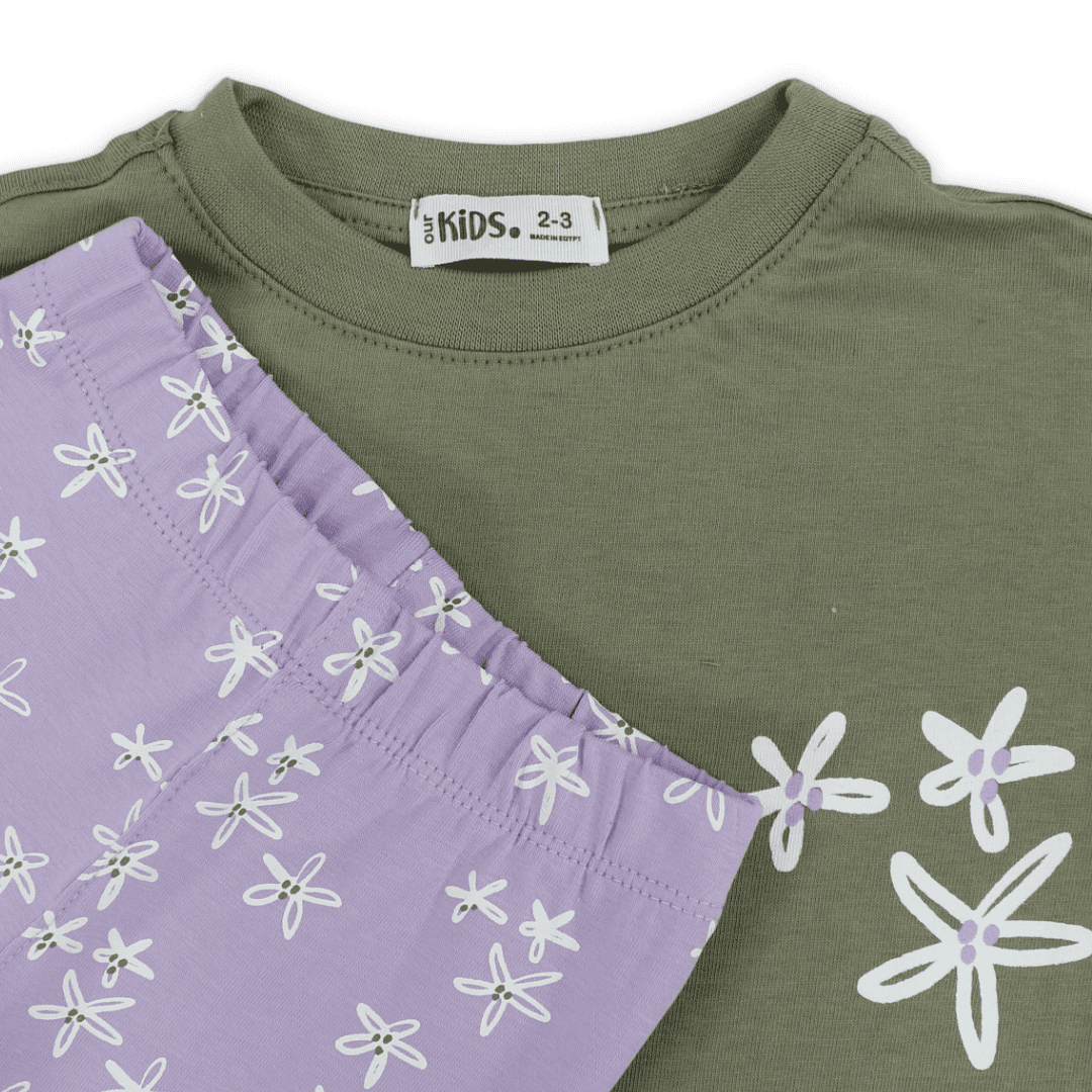 Girls Cotton Short-Sleeve Pajama – Olive with Flowers Print