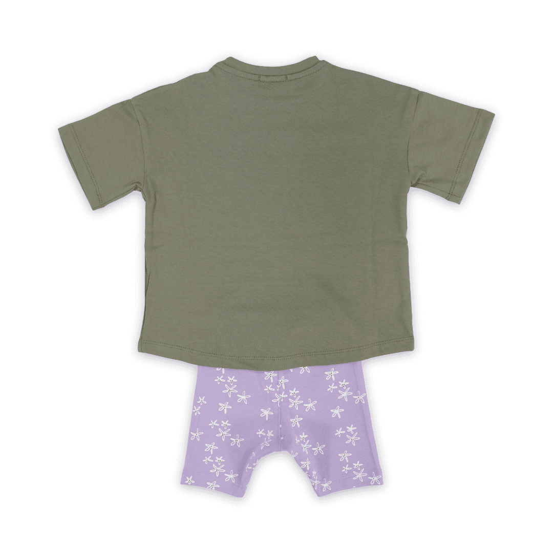 Girls Cotton Short-Sleeve Pajama – Olive with Flowers Print
