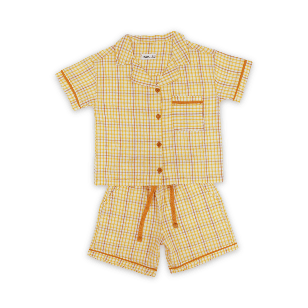 Girls Cotton Short-Sleeve Pajama – Orange Checkered Print - Clothing - Ourkids