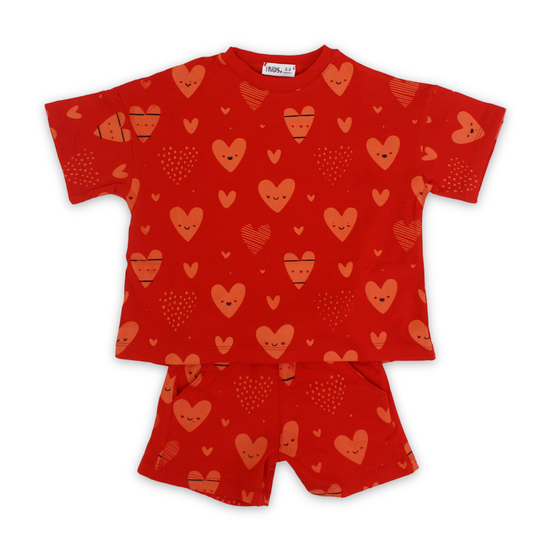Girls Cotton Pajama – Red with Hearts Print - Clothing - Ourkids