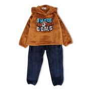 Boys Velvet Pajama Set – Light Brown/Navy with “Shoot For Your Goals” Design
