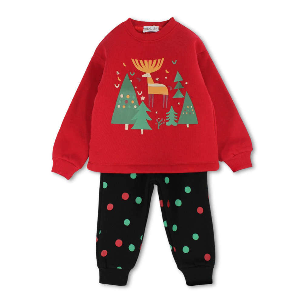 Boys Cotton Pajama Set – Red/Black with Reindeer Design