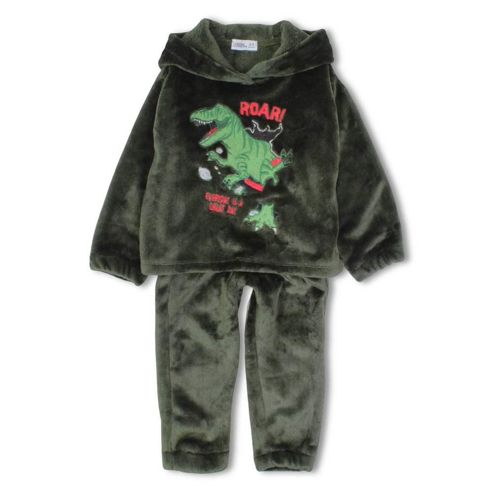 Boys Velvet Hooded Pajama Set – Dark Green with “Roar!“ Dinosaur Design