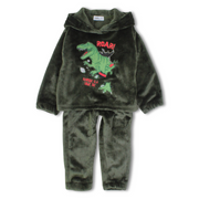 Boys Velvet Hooded Pajama Set – Dark Green with “Roar!“ Dinosaur Design