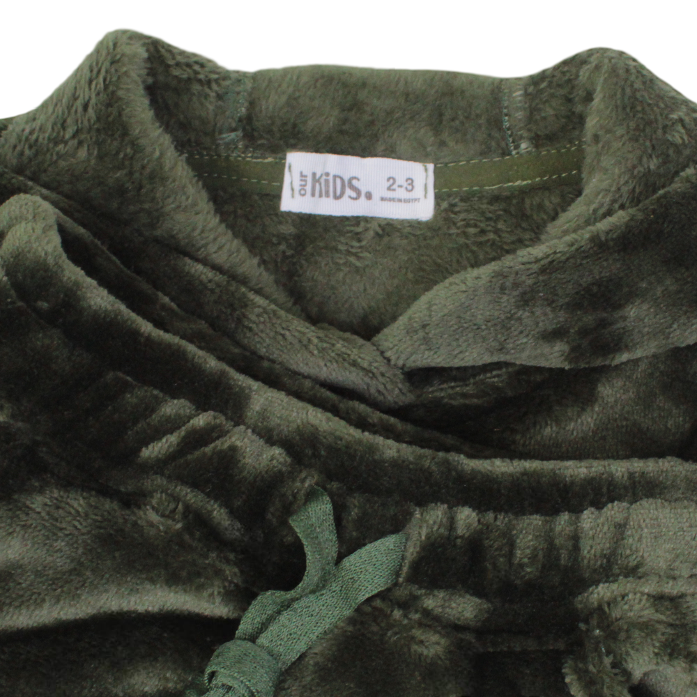 Boys Velvet Hooded Pajama Set – Dark Green with “Roar!“ Dinosaur Design