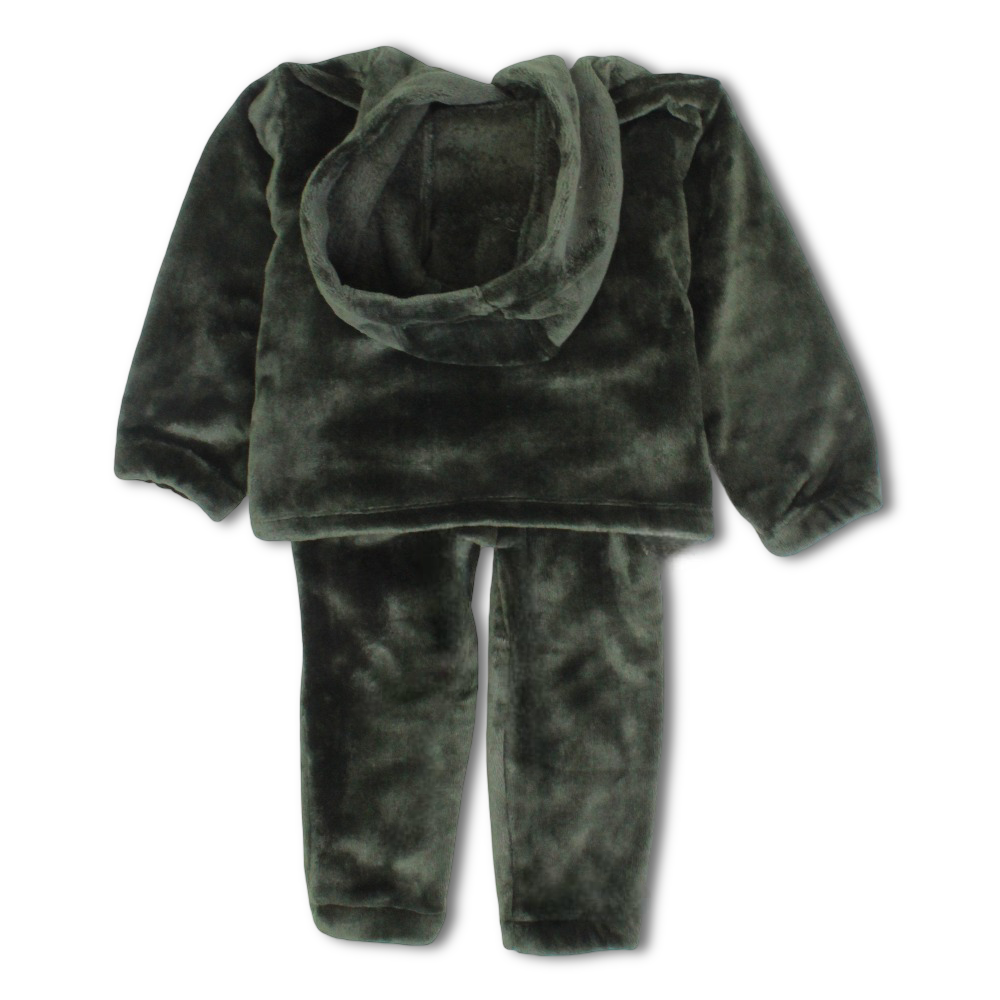 Boys Velvet Hooded Pajama Set – Dark Green with “Roar!“ Dinosaur Design