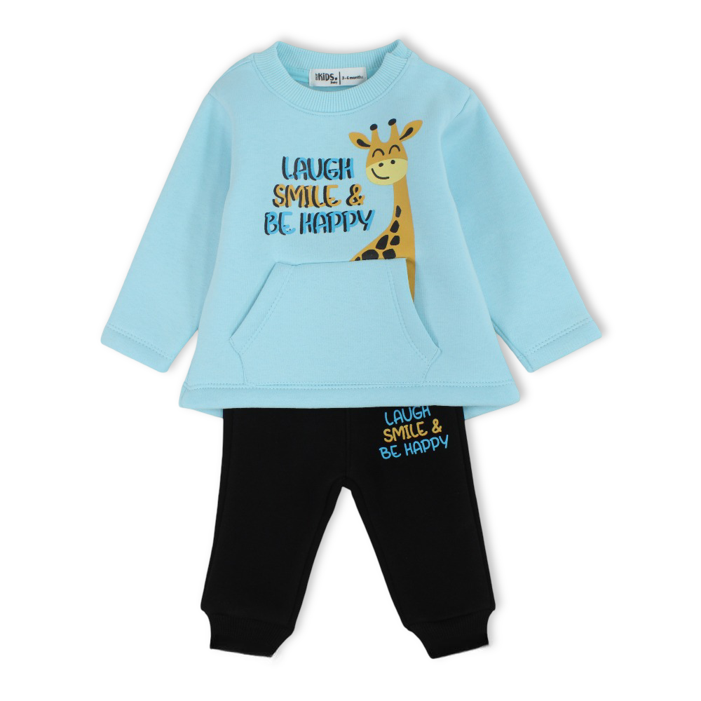 Baby Girls Cotton Pajama Set – Aqua/Black with “Laugh, Smile & Be Happy” Giraffe Design