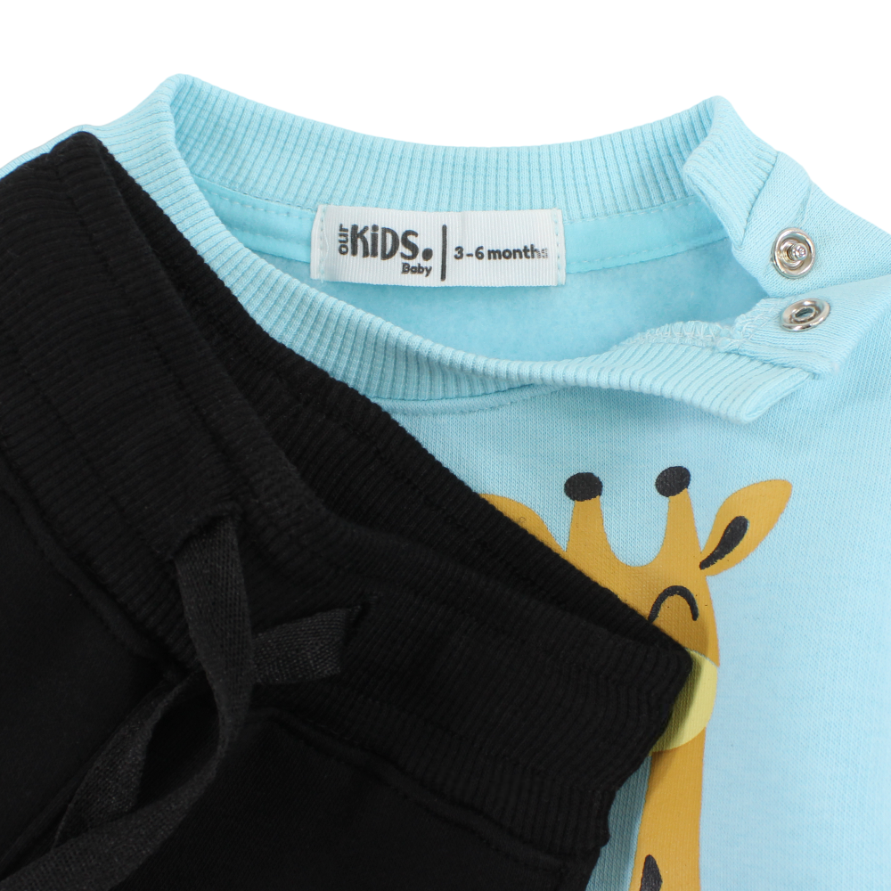 Baby Girls Cotton Pajama Set – Aqua/Black with “Laugh, Smile & Be Happy” Giraffe Design