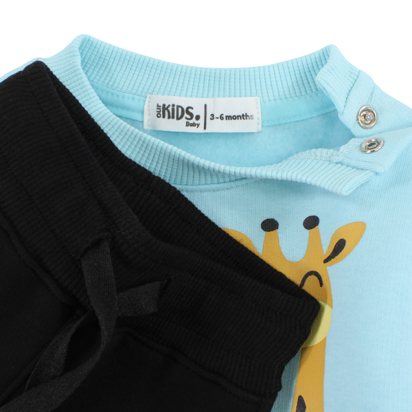 Baby Girls Cotton Pajama Set – Aqua/Black with “Laugh, Smile & Be Happy” Giraffe Design