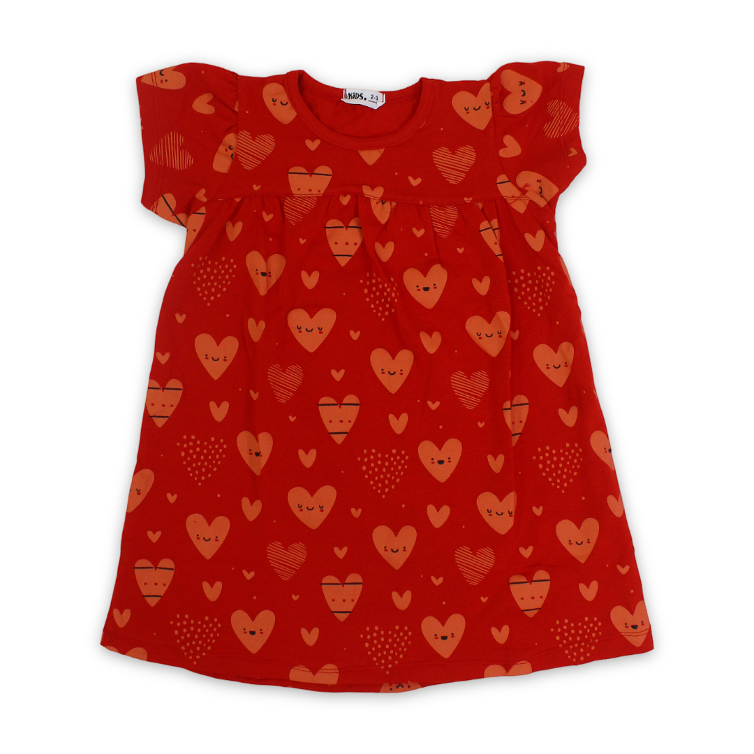 Girls Cotton Dress – Red with Hearts Print - Clothing - Ourkids
