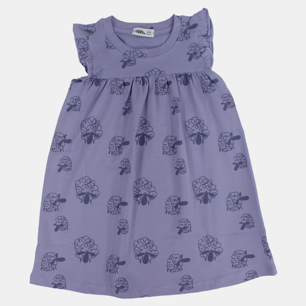 Girls Cotton Sleeveless Nightgown – Purple with Sheep Design