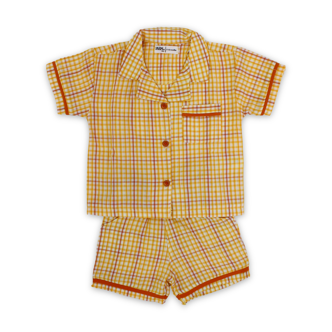 Baby Girls Cotton Pajama – Orange with Checkered Print - Clothing - Ourkids
