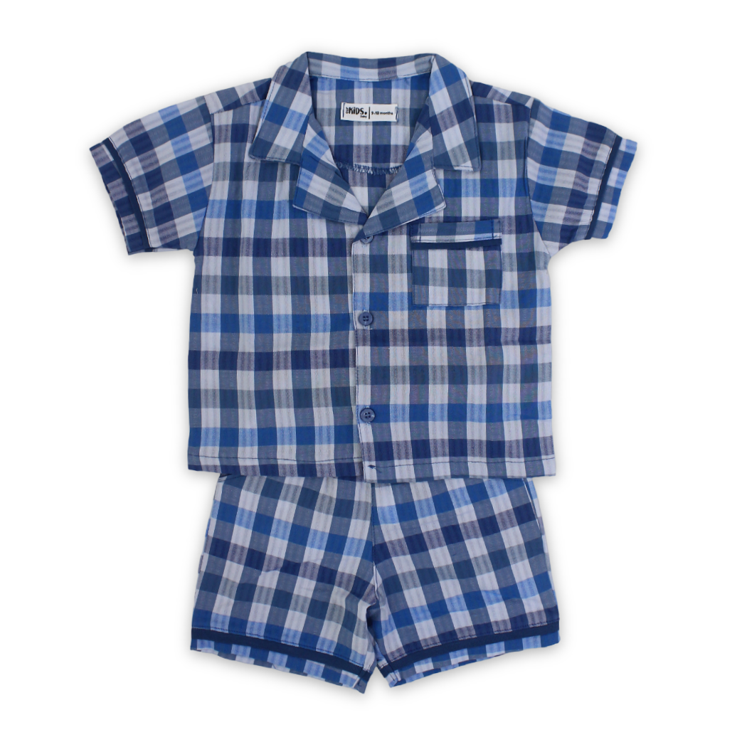 Baby Boys Cotton Pajama – Petrol Blue with Checkered Print - Clothing - Ourkids