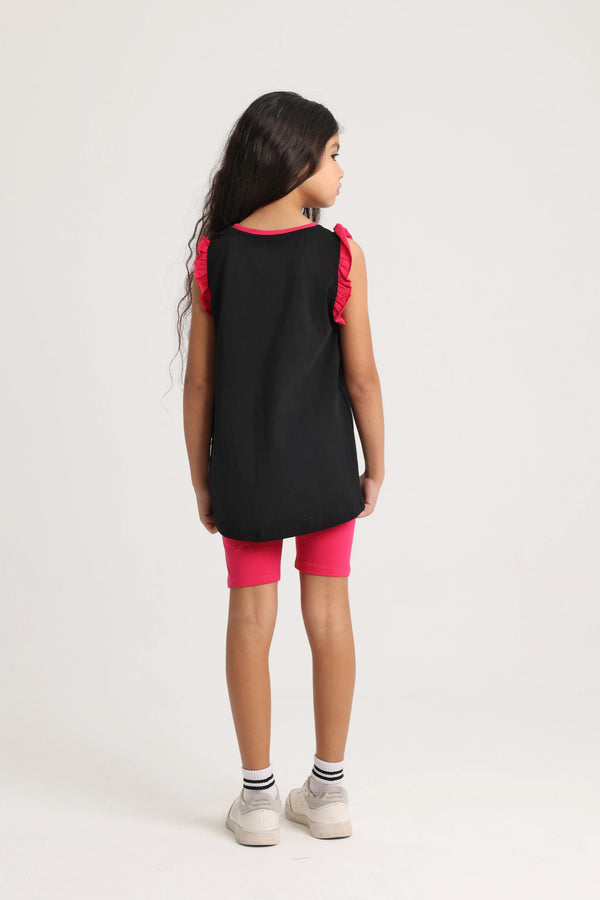 Girls Cotton Pajama Set – Black with "Only Fun Moments" Print