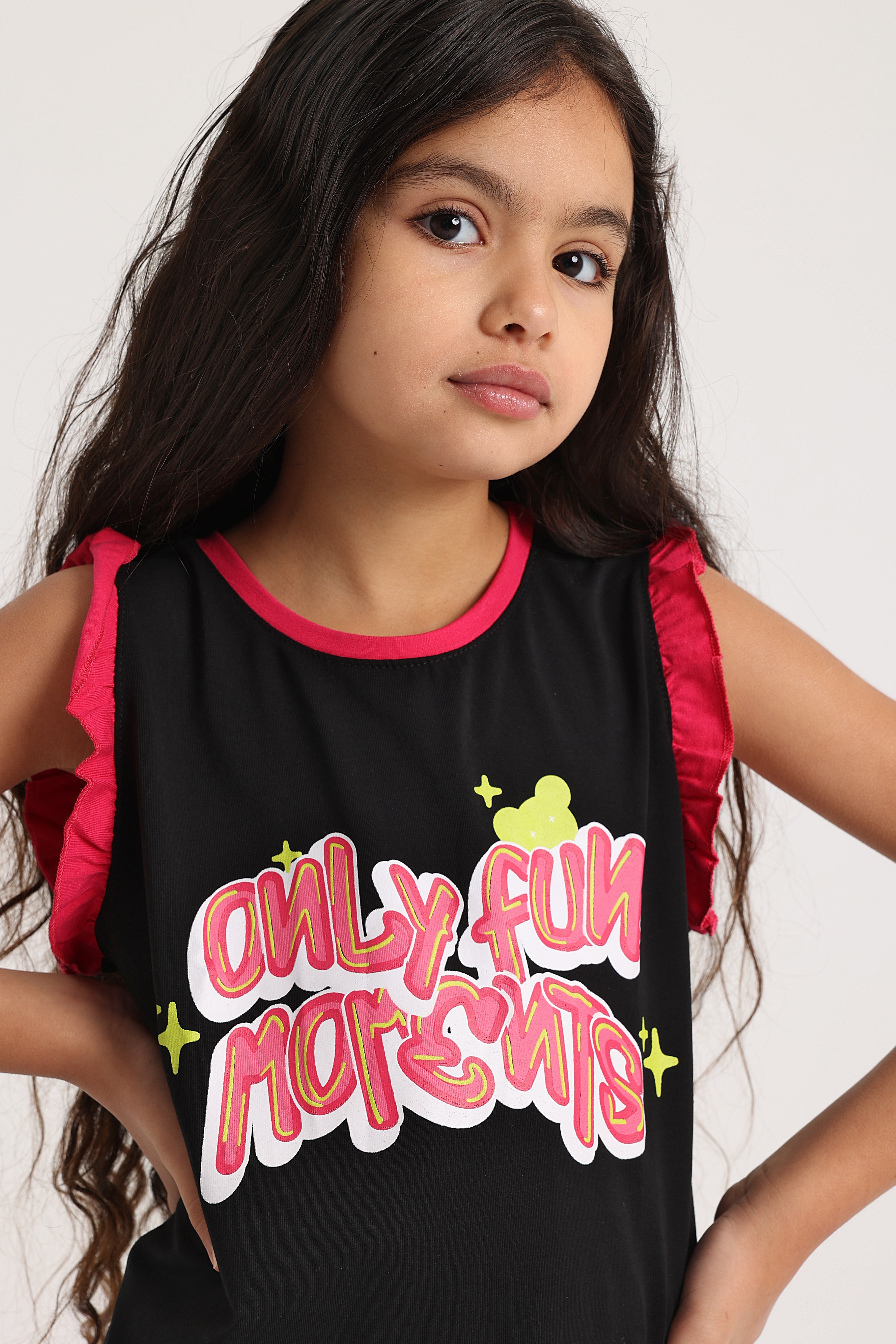 Girls Cotton Pajama Set – Black with "Only Fun Moments" Print