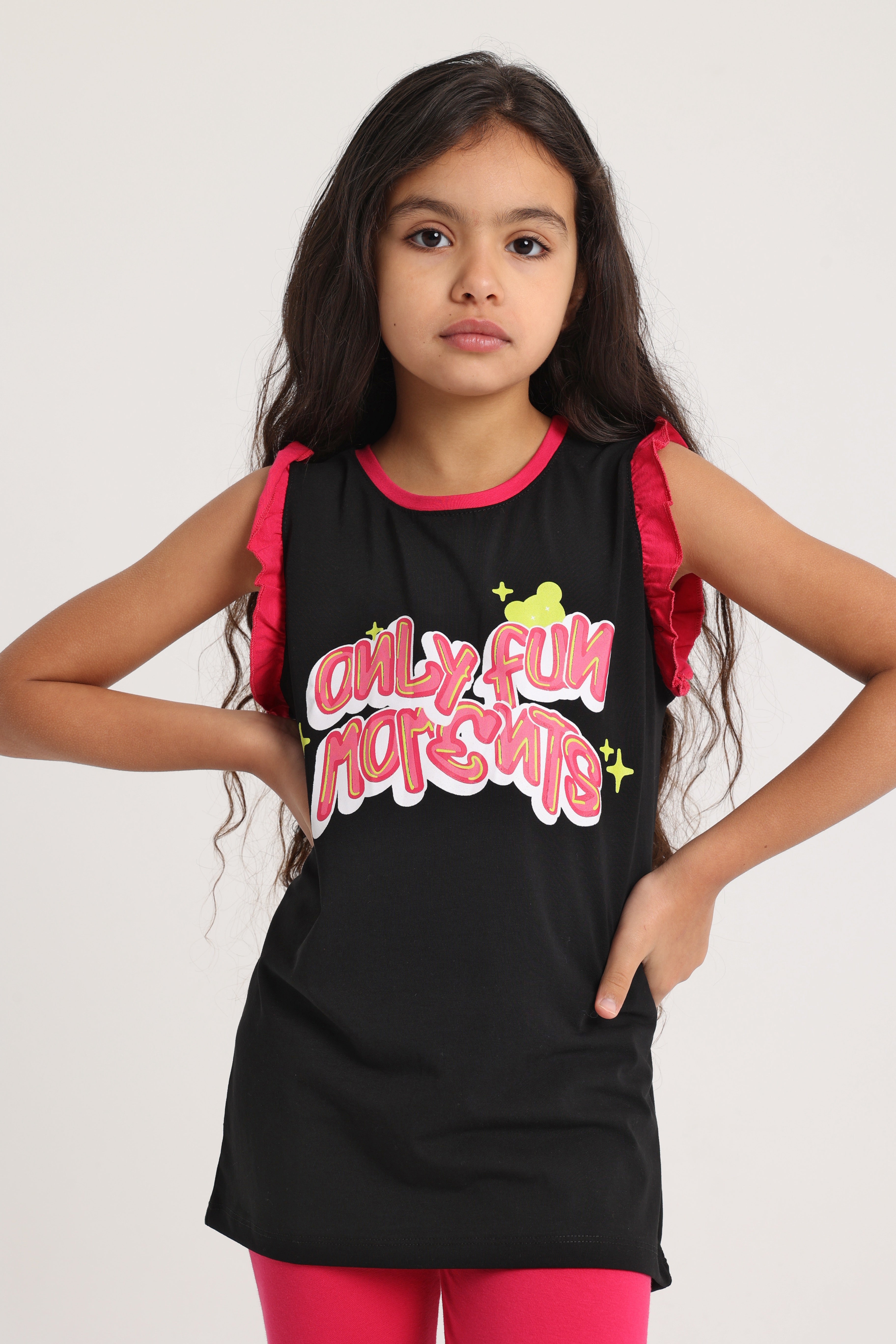 Girls Cotton Pajama Set – Black with "Only Fun Moments" Print