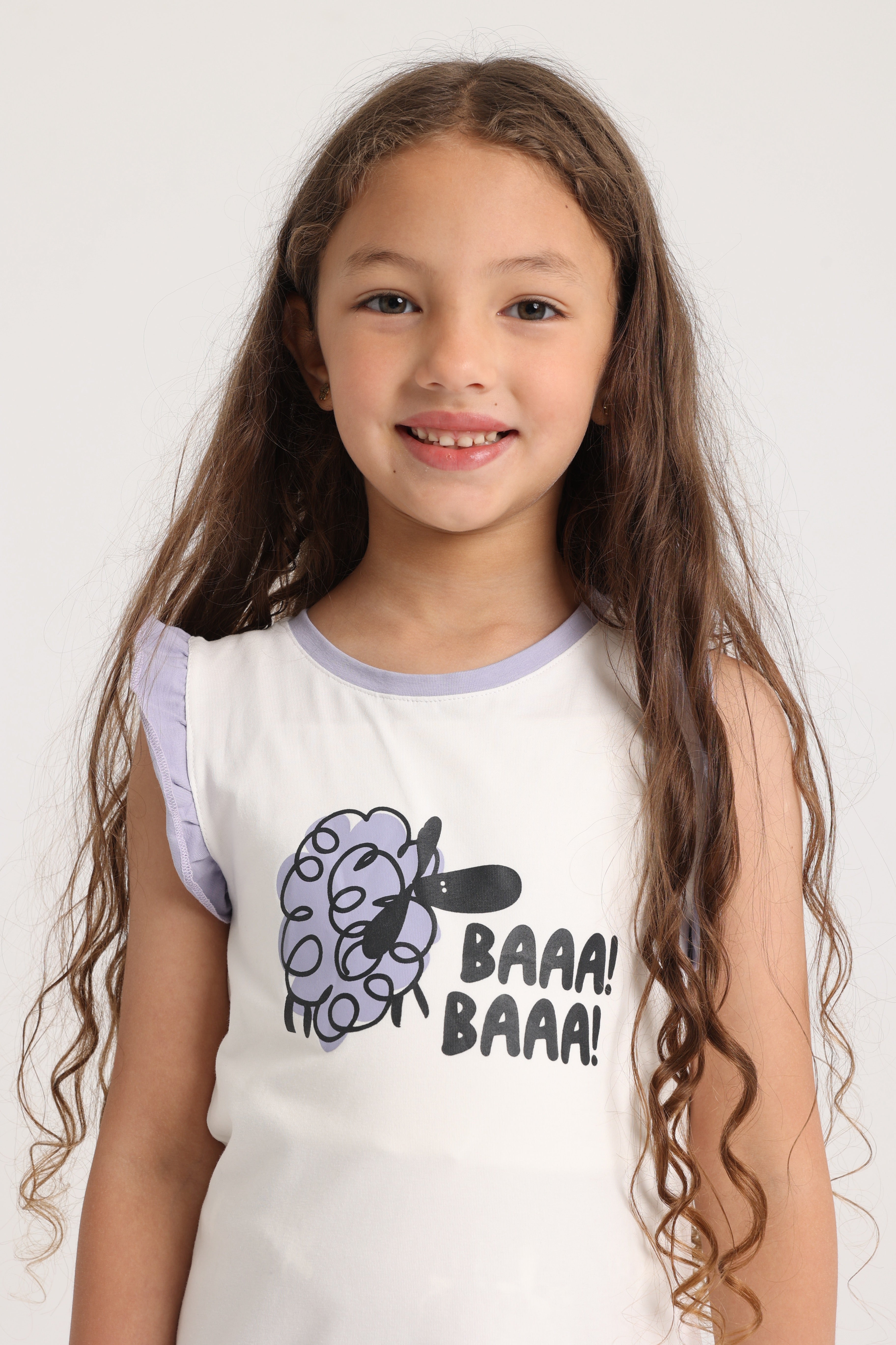 Girls Cotton Pajama Set – Off-White with "BAAA! BAAA!" Print