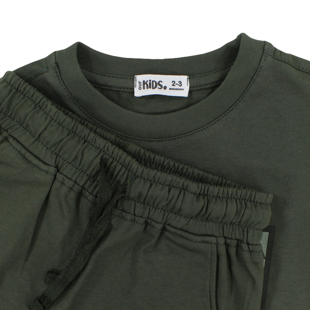 Boys Cotton Pajama – Olive with "Dino" Print