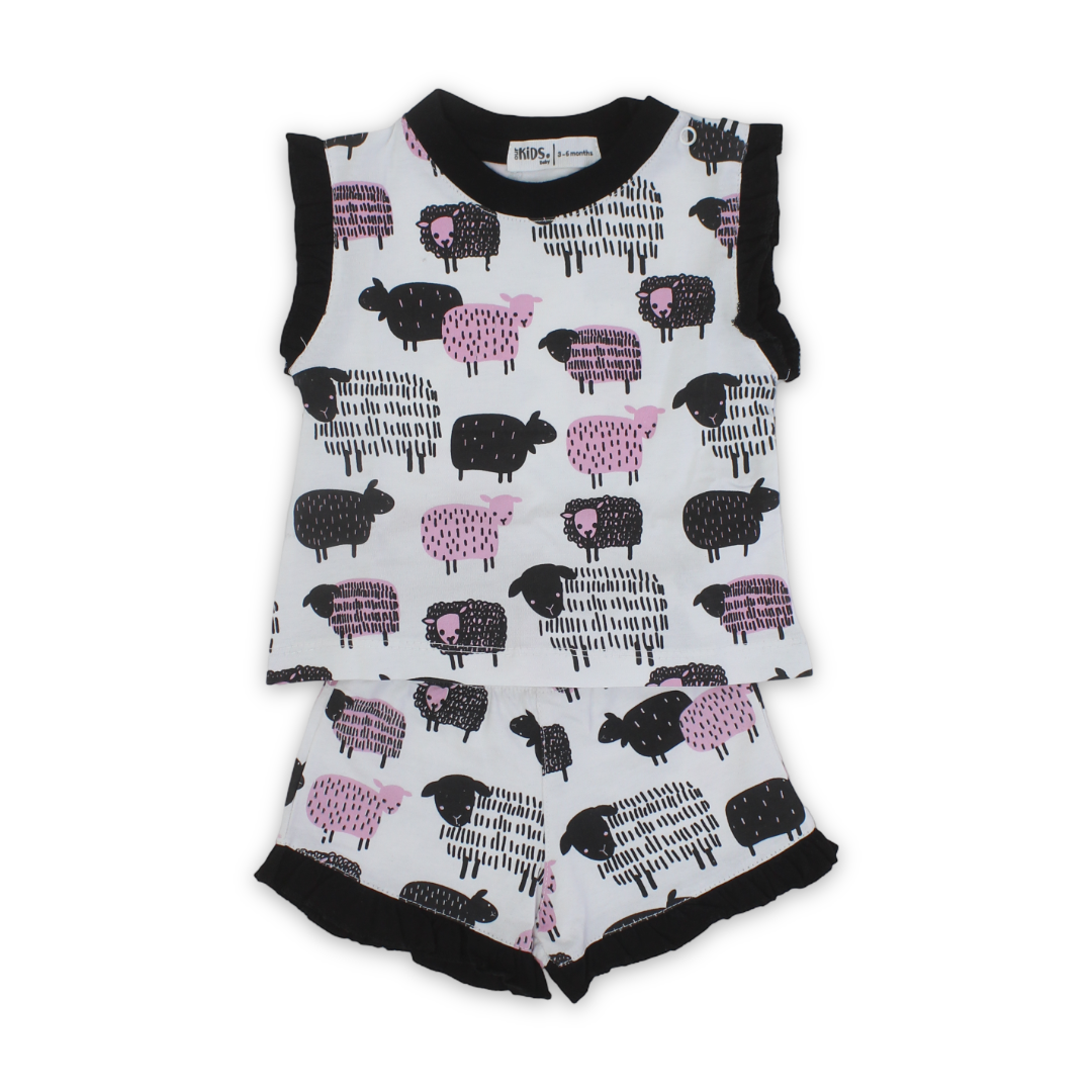 Baby Girls Cotton Sleeveless Pajama Set – White with Sheep Print - Clothing - Ourkids