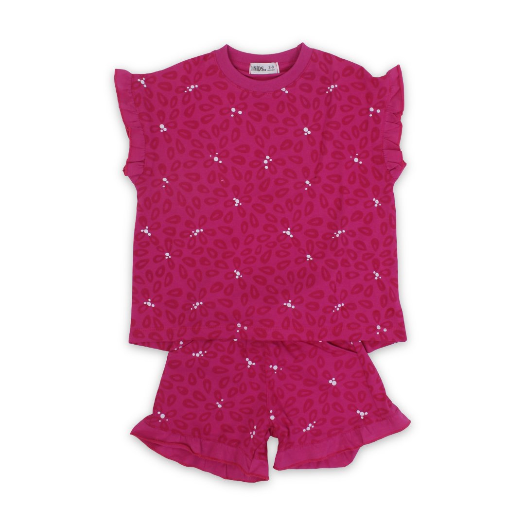 Girls Cotton Pajama Set – Fuchsia with Floral Print - Clothing - Ourkids