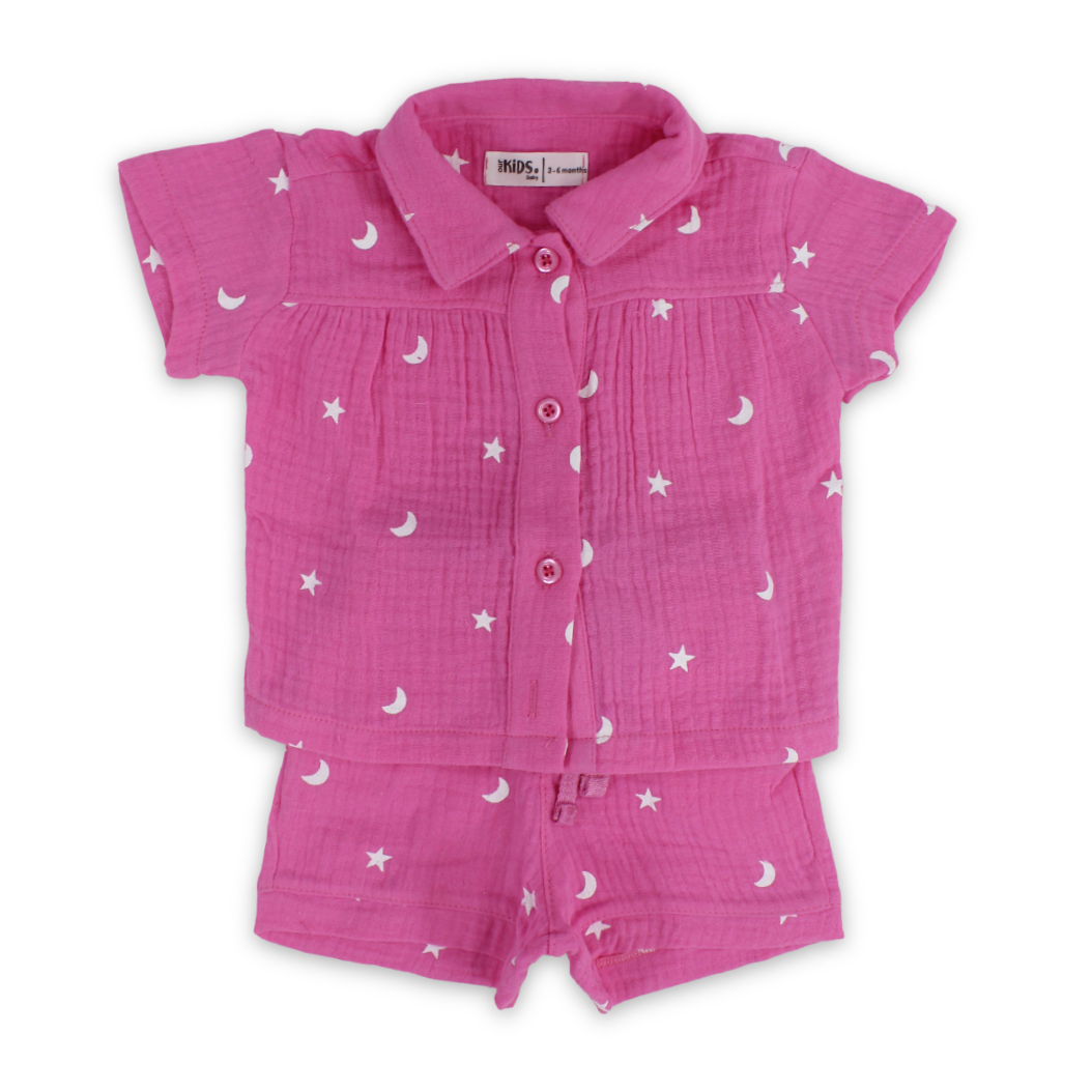 Baby Girls Crinkle Cotton Pajama Set – Pink with Stars Print - Clothing - Ourkids