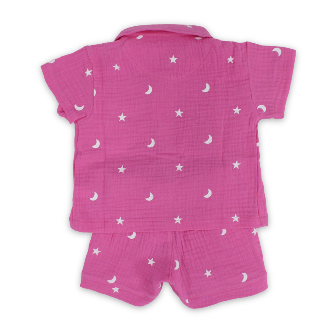 Baby Girls Crinkle Cotton Pajama Set – Pink with Stars Print
