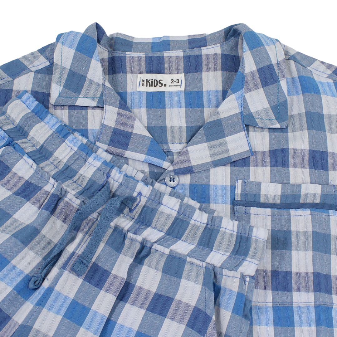 Boys Cotton Pajama – Baby Blue with Checkered Print