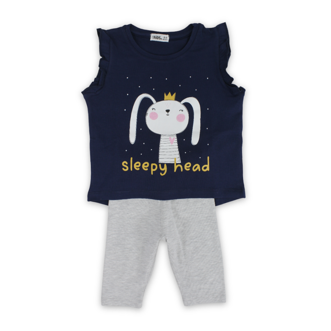 Girls Cotton Pajama Set – Navy with "Sleepy Head" Print - Clothing - Ourkids