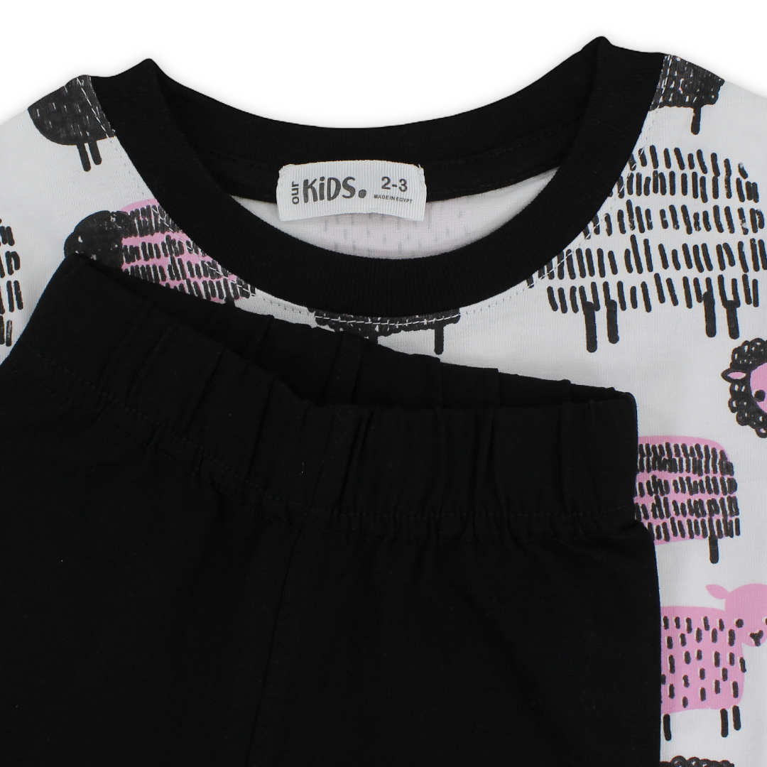 Girls Cotton Pajama Set – White with Sheep Print