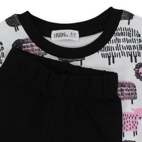 Girls Cotton Pajama Set – White with Sheep Print
