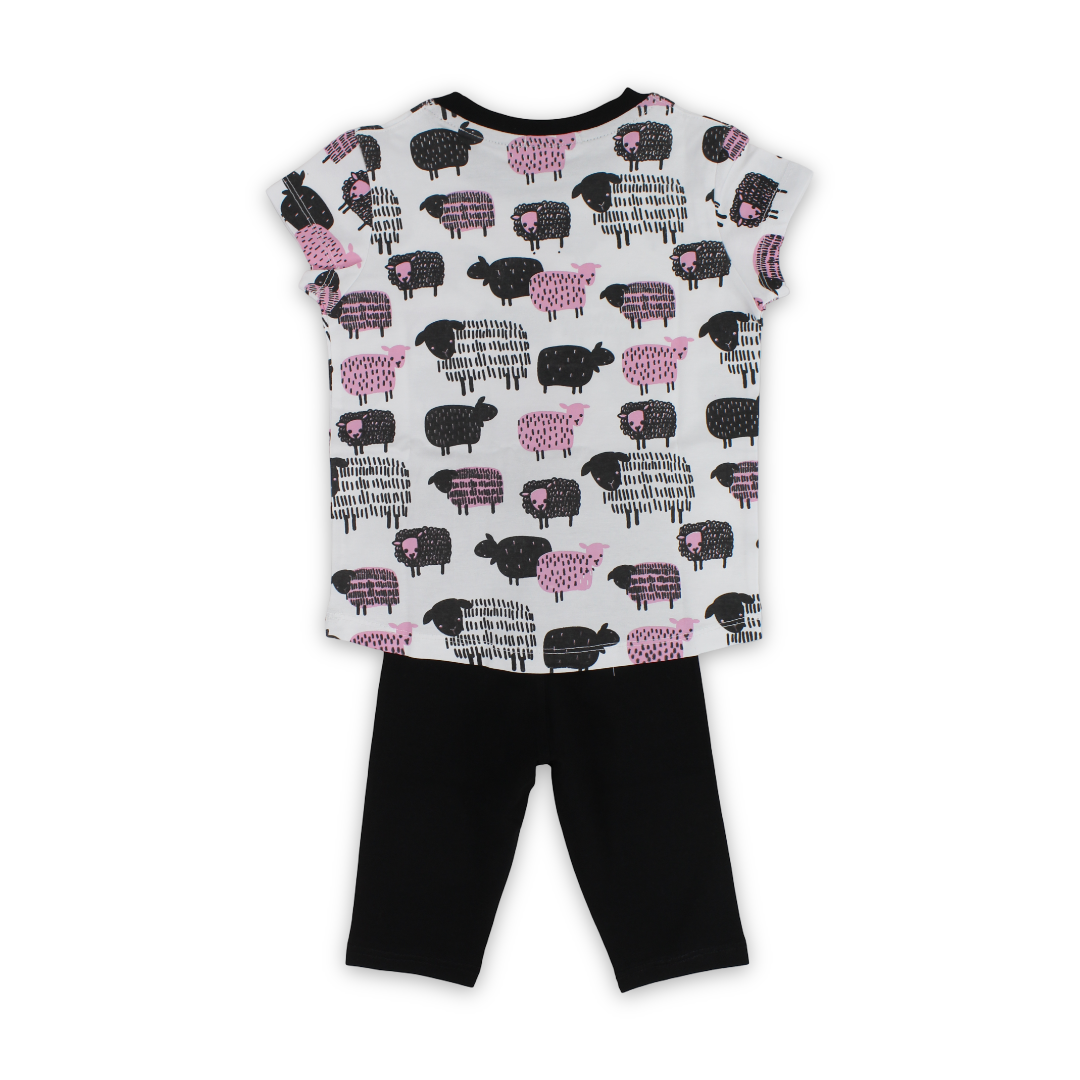 Girls Cotton Pajama Set – White with Sheep Print