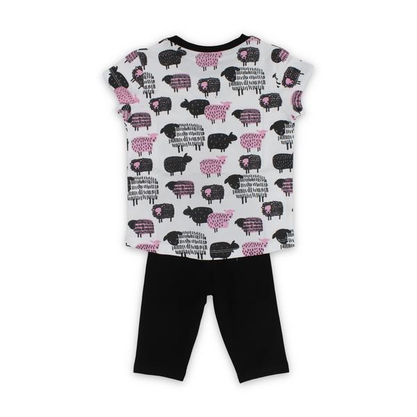 Girls Cotton Pajama Set – White with Sheep Print