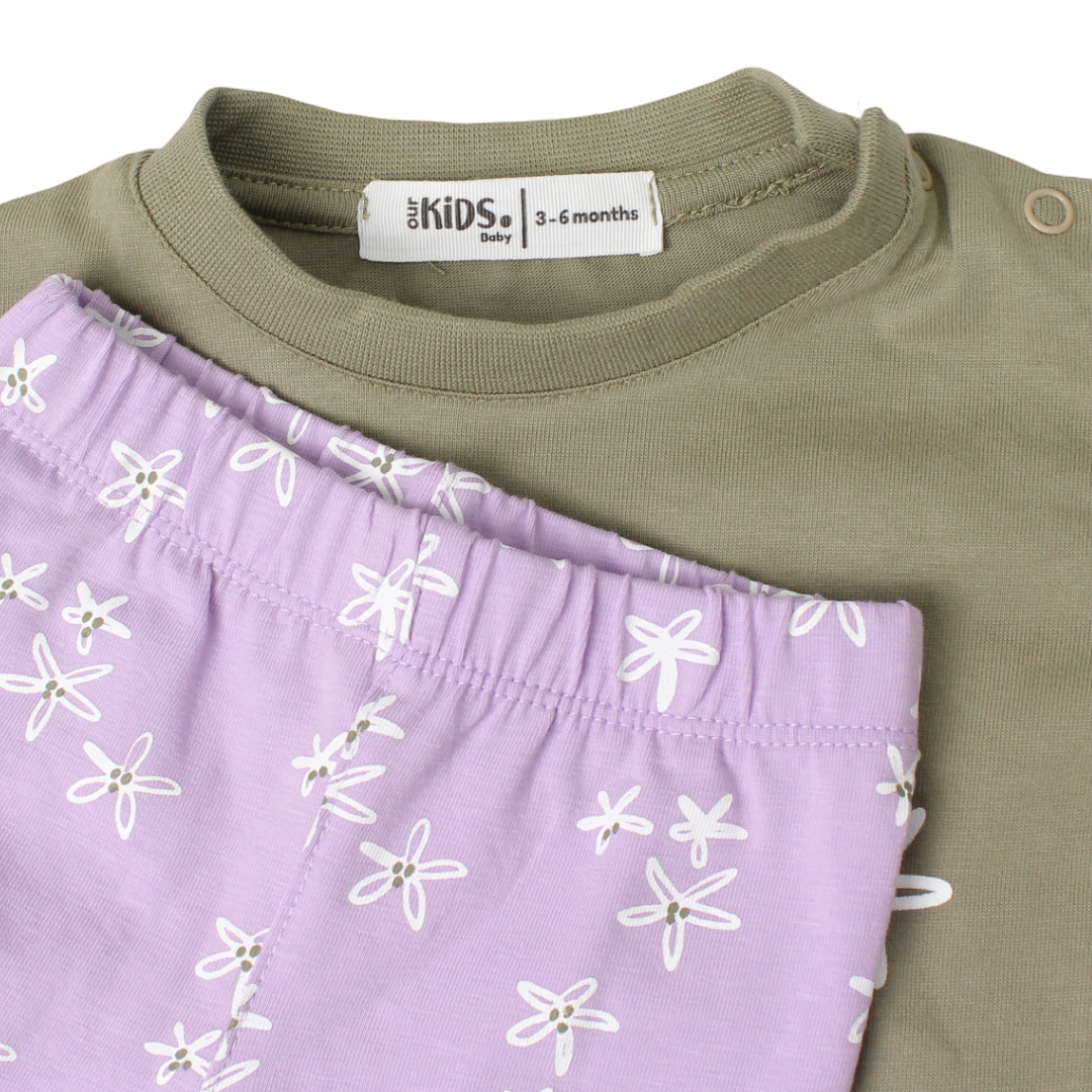 Baby Girls Cotton Pajama – Olive with Flowers Print