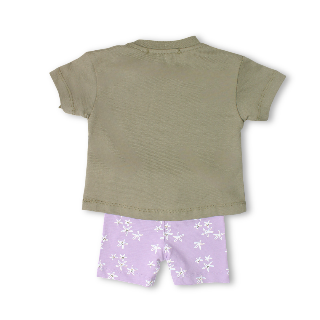 Baby Girls Cotton Pajama – Olive with Flowers Print