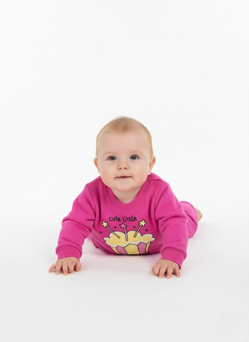 Baby Girls Cotton Pajama Set – Fuchsia with Cupcake Print