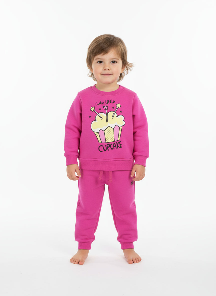 Baby Girls Cotton Pajama Set – Fuchsia with Cupcake Print