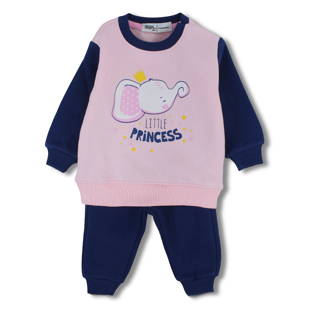 Baby Girls Cotton Pajama Set – Pink/Navy with Elephant Print