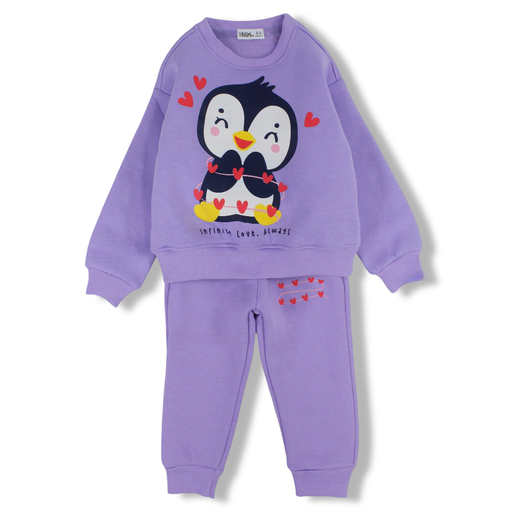 Girls Cotton Pajama Set – Purple with Penguin Print