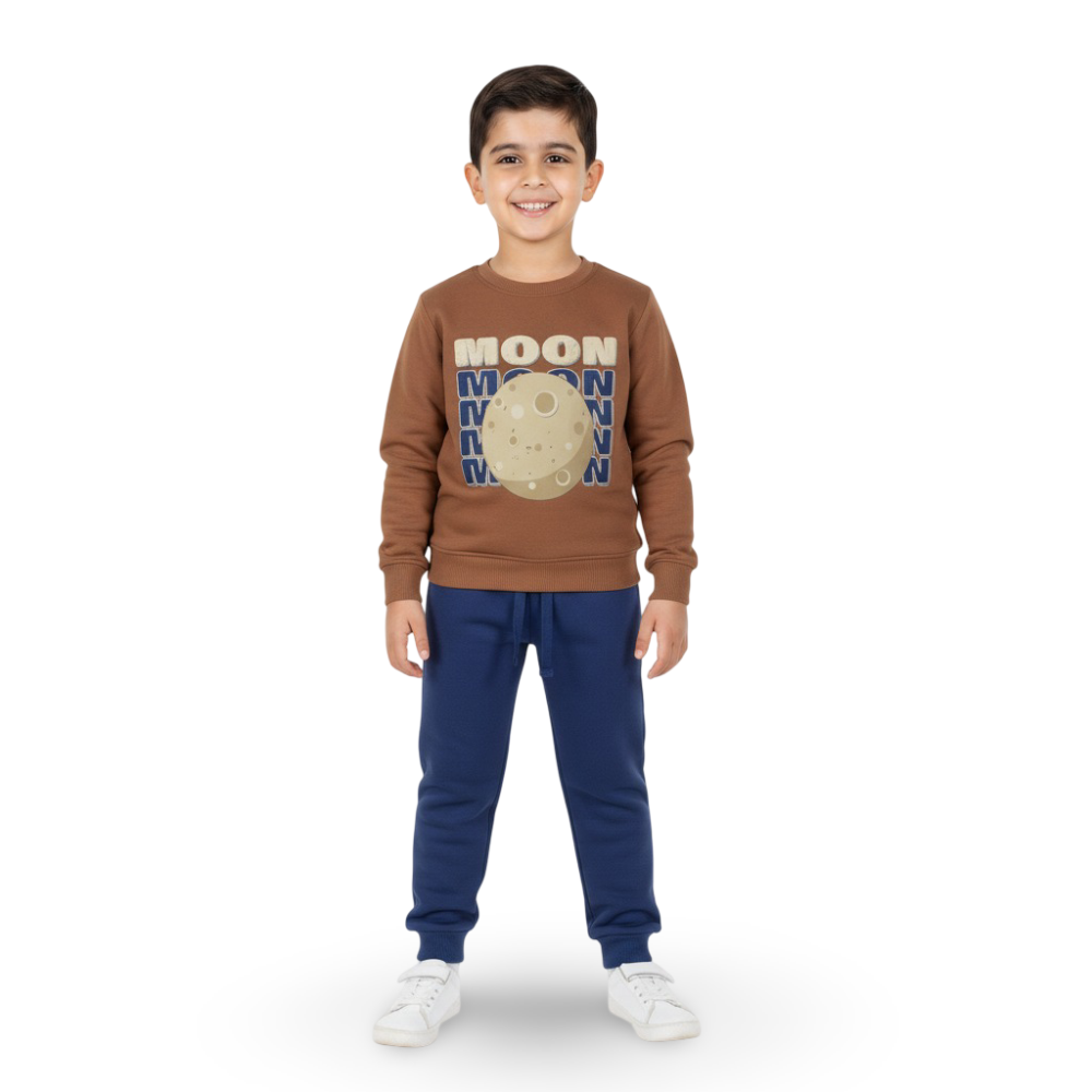 Boys Cotton Pajama Set – Brown with Moon Print