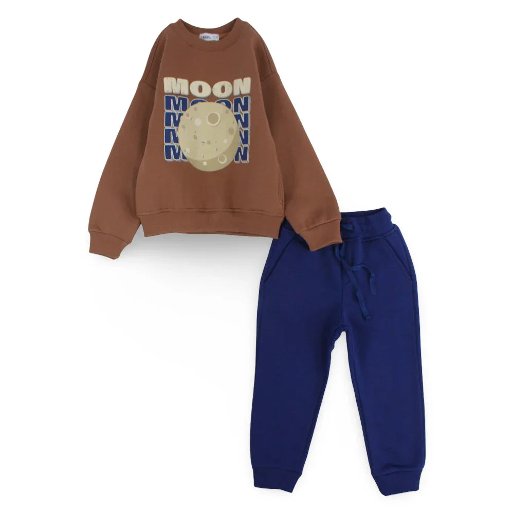 Boys Cotton Pajama Set – Brown with Moon Print