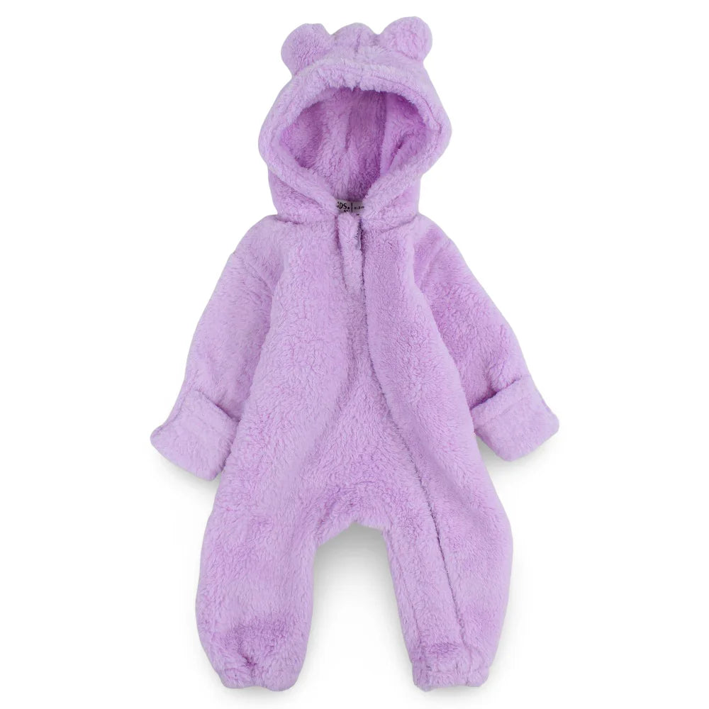 Baby Girls Fleeced Hooded Footless Onesie – Purple with Teddy Design