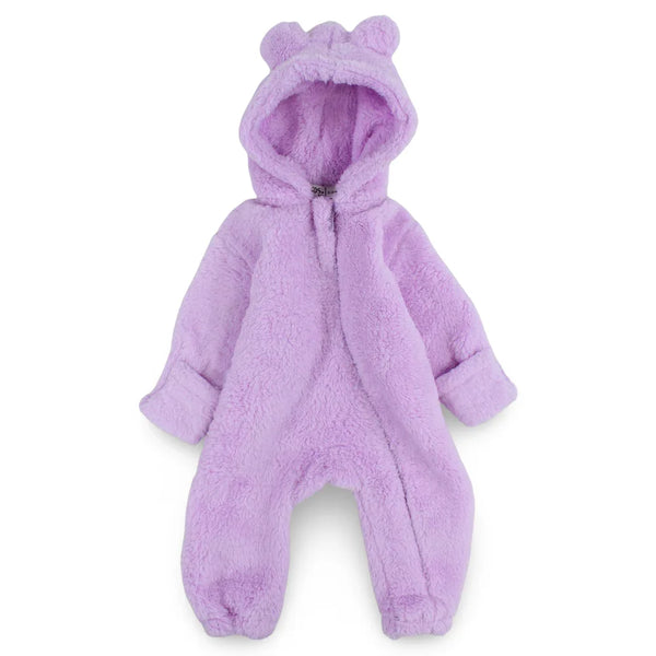 Baby Girls Fleeced Hooded Footless Onesie – Purple with Teddy Design