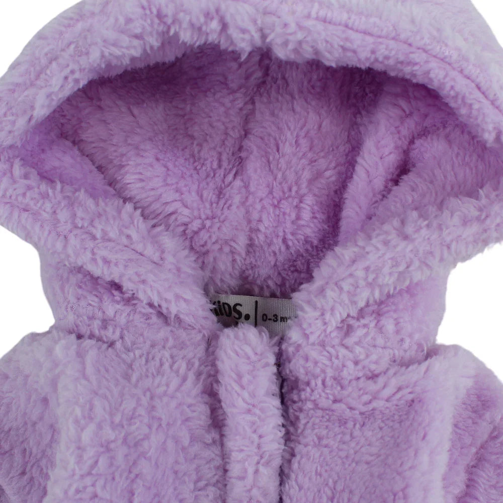 Baby Girls Fleeced Hooded Footless Onesie – Purple with Teddy Design