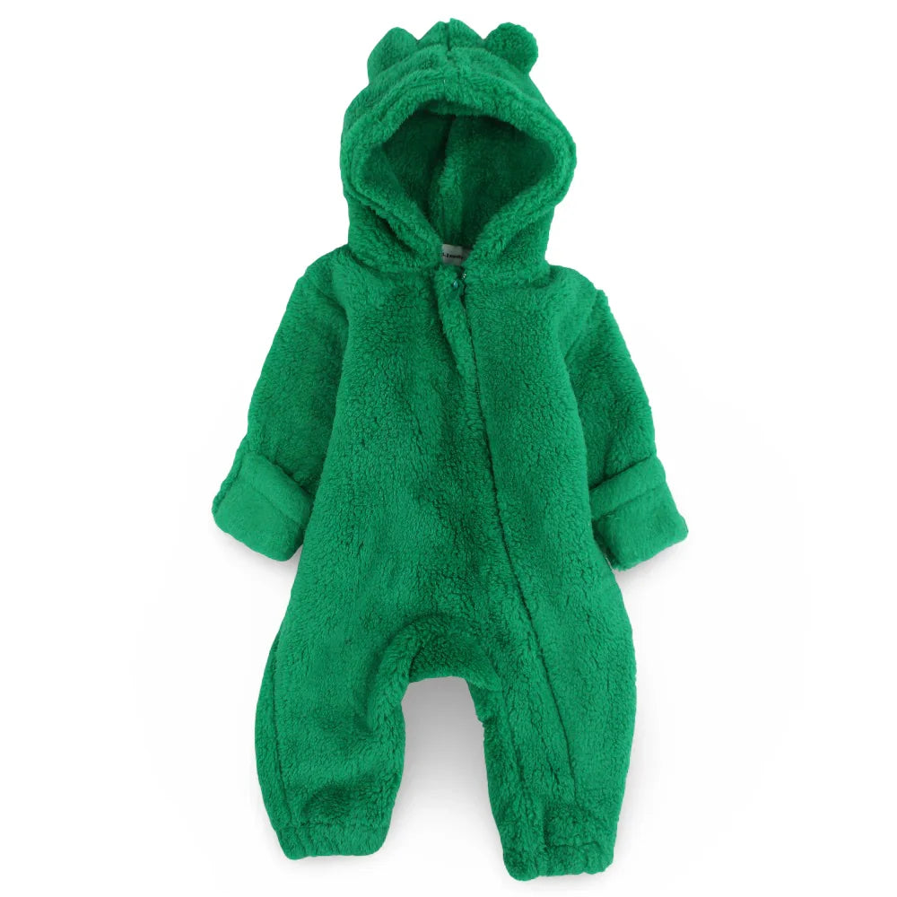 Unisex Baby Fleeced Hooded Footless Onesie – Green with Teddy Design