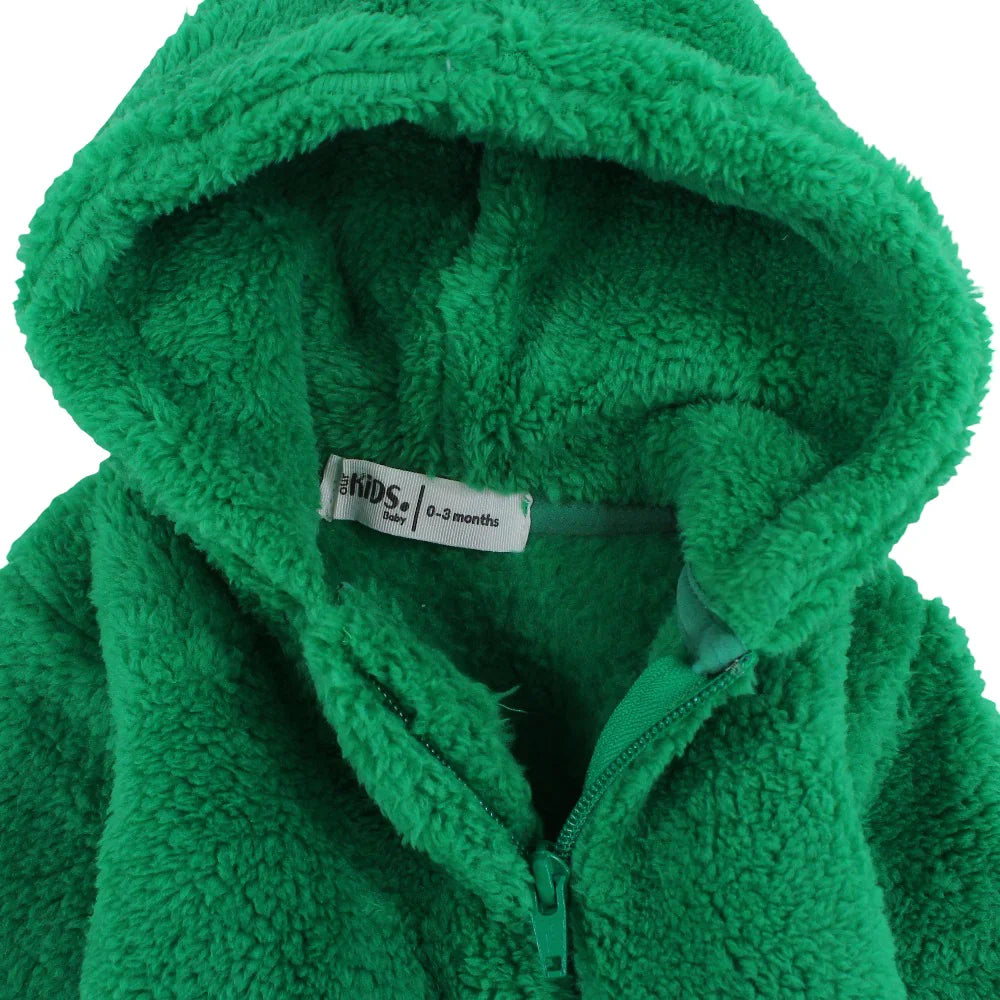 Unisex Baby Fleeced Hooded Footless Onesie – Green with Teddy Design