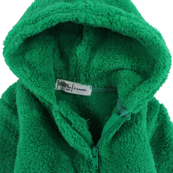 Unisex Baby Fleeced Hooded Footless Onesie – Green with Teddy Design