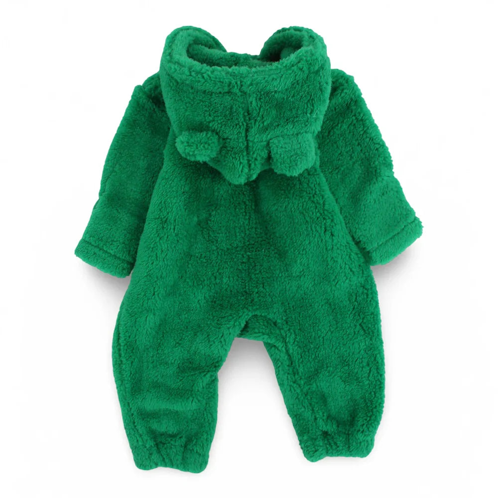 Unisex Baby Fleeced Hooded Footless Onesie – Green with Teddy Design